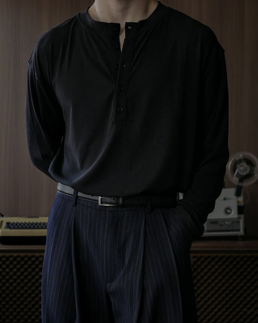 RALPH RIBBED LONG SLEEVES HENLEY - BLACK