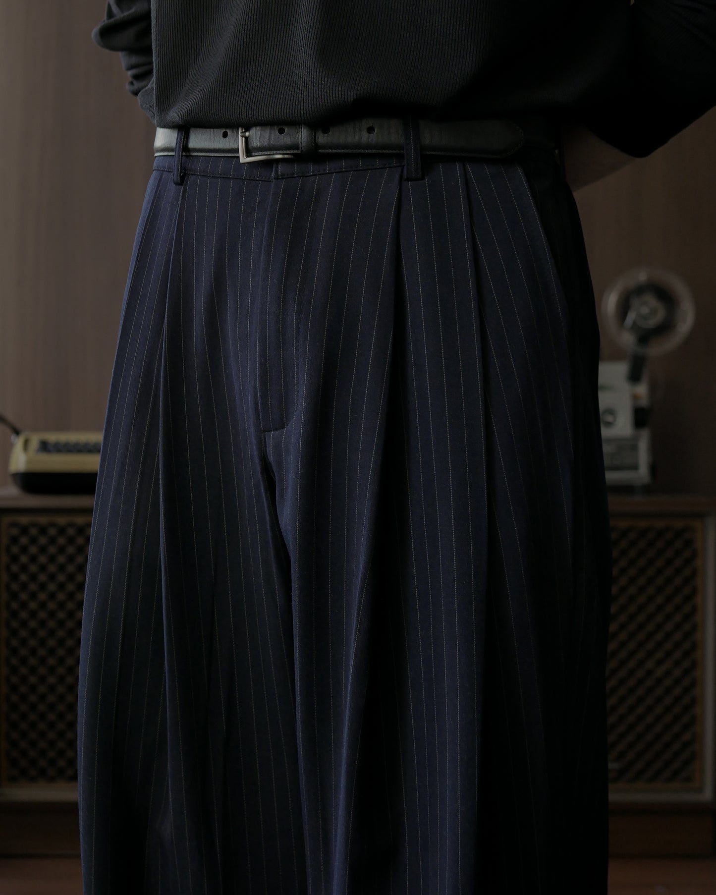 ADRIANO DOUBLE PLEATED TROUSERS - NAVY PINSTRIPE