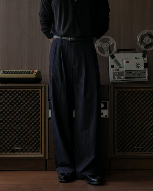 ADRIANO DOUBLE PLEATED TROUSERS - NAVY PINSTRIPE